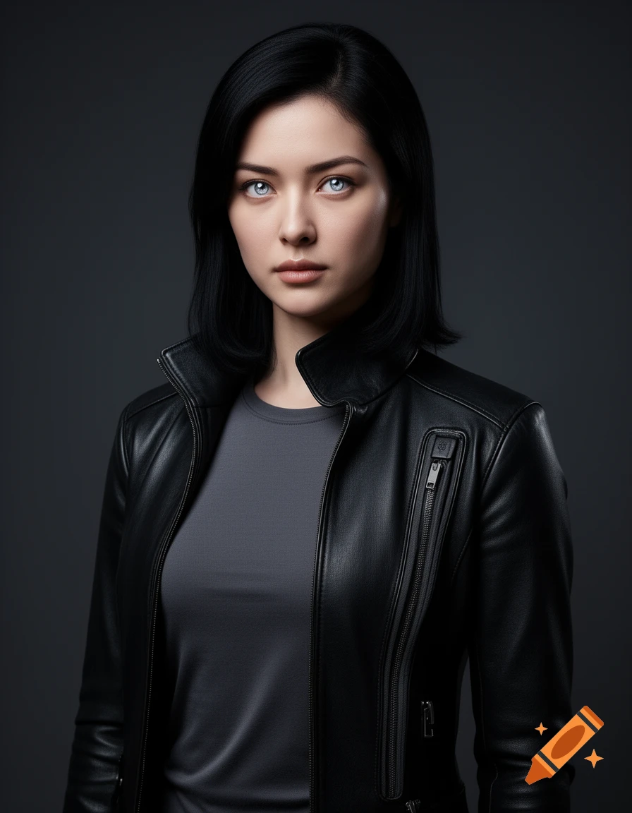 A photorealistic portrait of a young woman with short black hair and bright blue eyes, wearing a black leather jacket and a dark grey shirt.