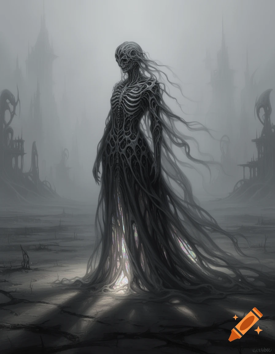 A gaunt, skeletal figure with flowing tendrils stands in a desolate, misty landscape with gothic structures.
