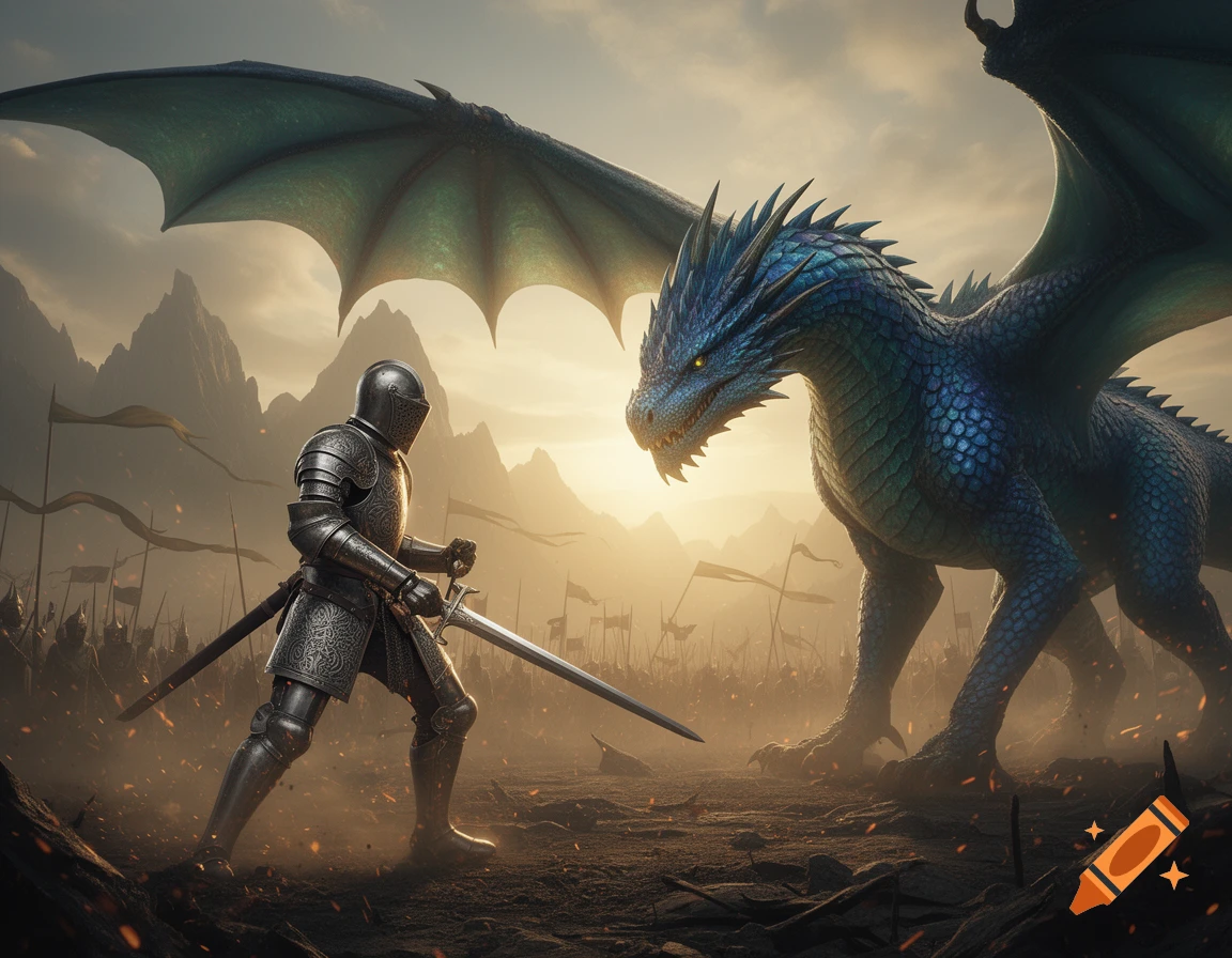 An armored knight with a sword faces a large blue dragon on a dusty battlefield at sunset, with an army and mountains in the background.