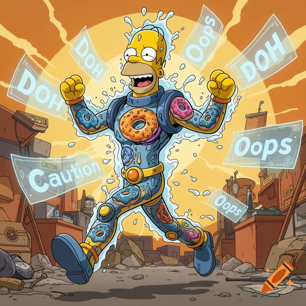 Homer Simpson in a donut-themed blue and yellow superhero suit runs through splashing water and floating text bubbles with words like "DOH" and "Oops" in a vibrant cartoon style.