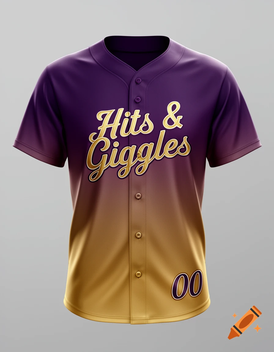 Purple and gold baseball jersey with 'Hits & Giggles' in cursive on the front and '00' on the lower right.
