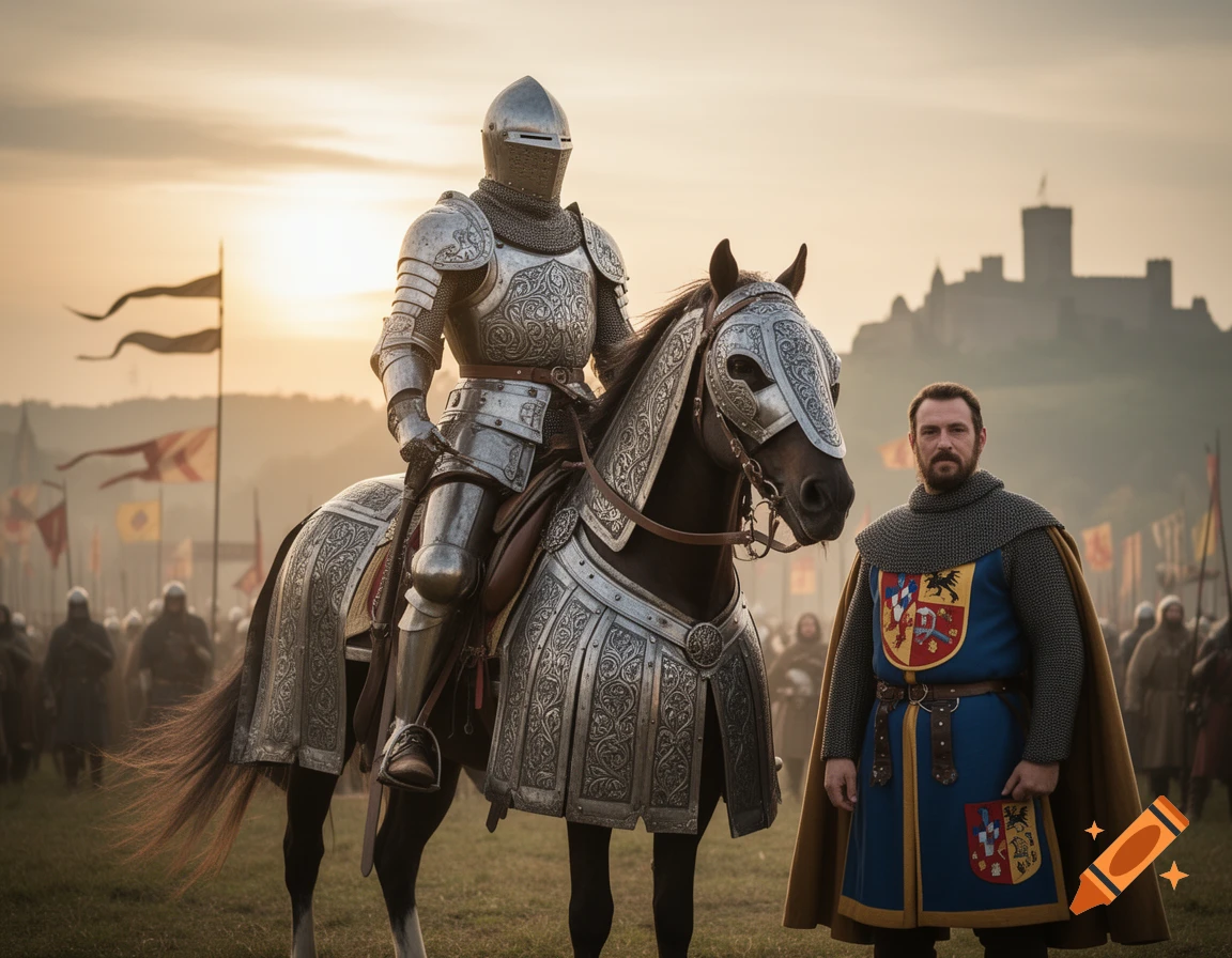 A knight in ornate armor rides a horse, while a man in a medieval tunic stands next to them in a field at sunset with a castle.