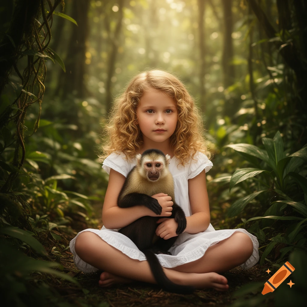 A young girl with curly blonde hair sits cross-legged in a lush jungle, gently holding a small capuchin monkey. Photorealistic.