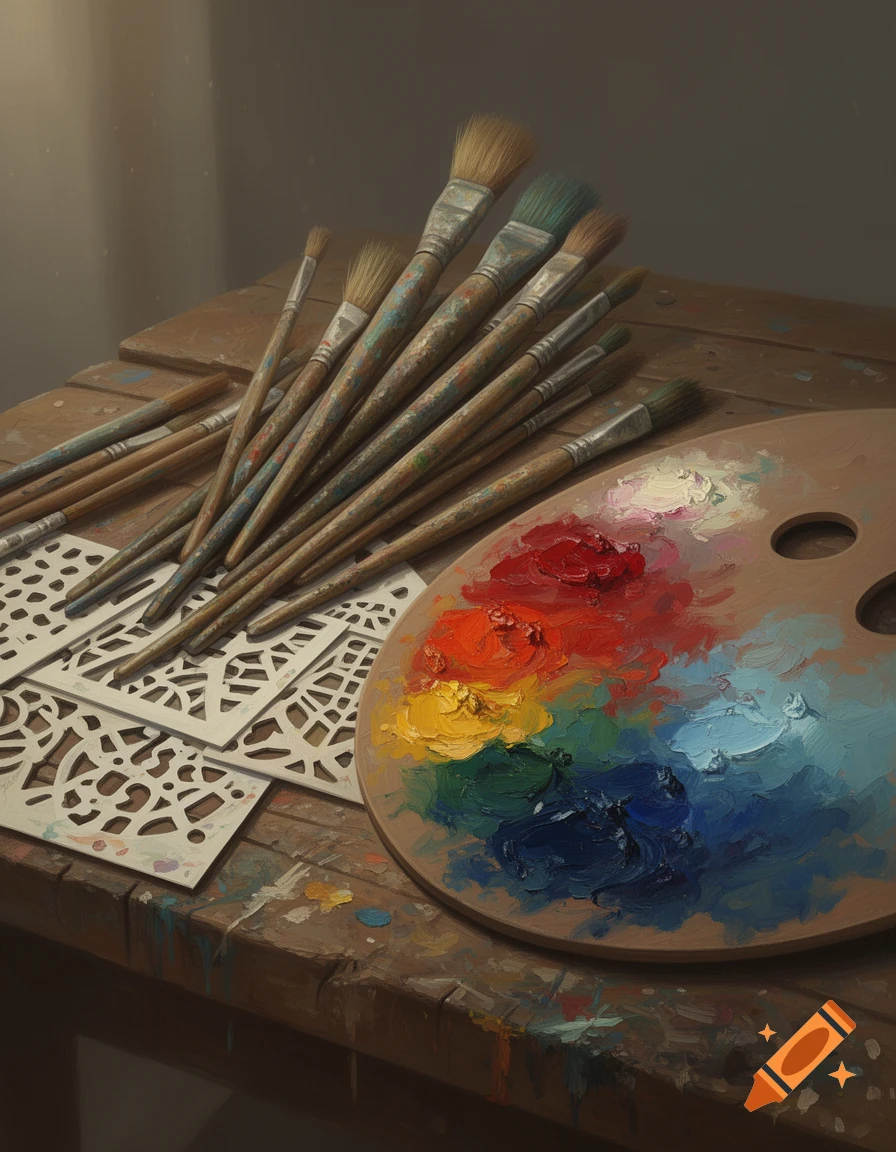 A close-up of various paint brushes, a wooden palette with colorful oil paints, and white stencils on a rustic wooden table.