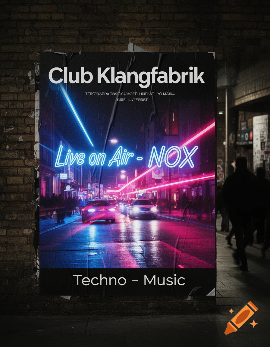 A poster on a brick wall advertises "Club Klangfabrik Live on Air - NOX Techno - Music" with a neon pink and blue city street scene at night.