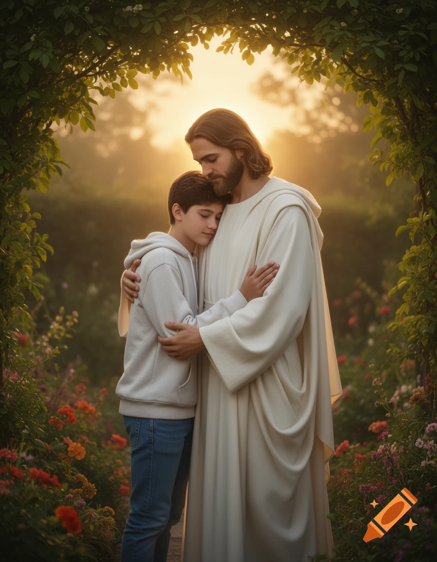 Jesus, with long hair and beard, embraces a young boy in a sunlit garden, surrounded by an arch of leaves and flowers.