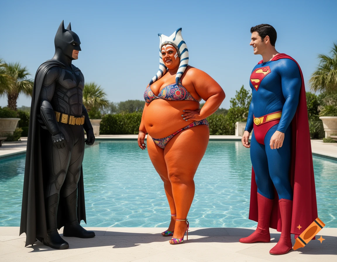 Photorealistic image of an obese, orange-skinned Ahsoka Tano in a bikini and heels, standing by a pool between Batman and Superman, all smiling under a sunny sky.