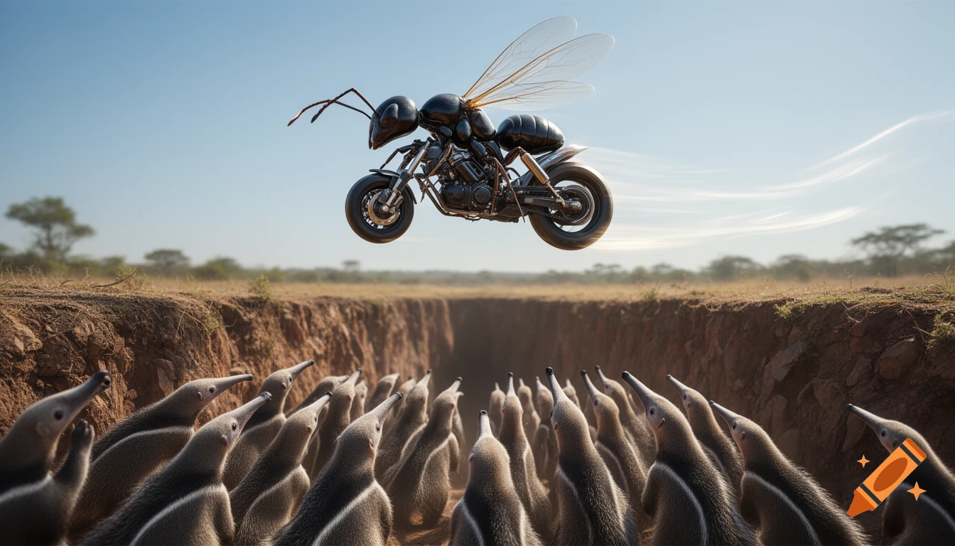 A giant ant, riding a motorcycle with wings, jumps over a deep ravine while numerous anteaters gaze upwards from the bottom.