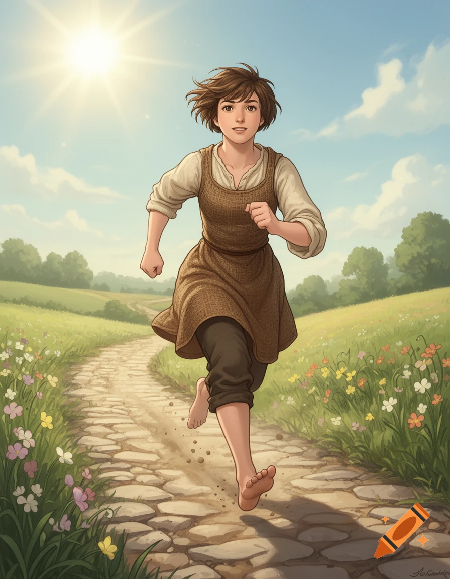 Anime-style illustration of a young peasant woman with short brown hair running barefoot on a stone path through a sunny, green, flower-filled field.
