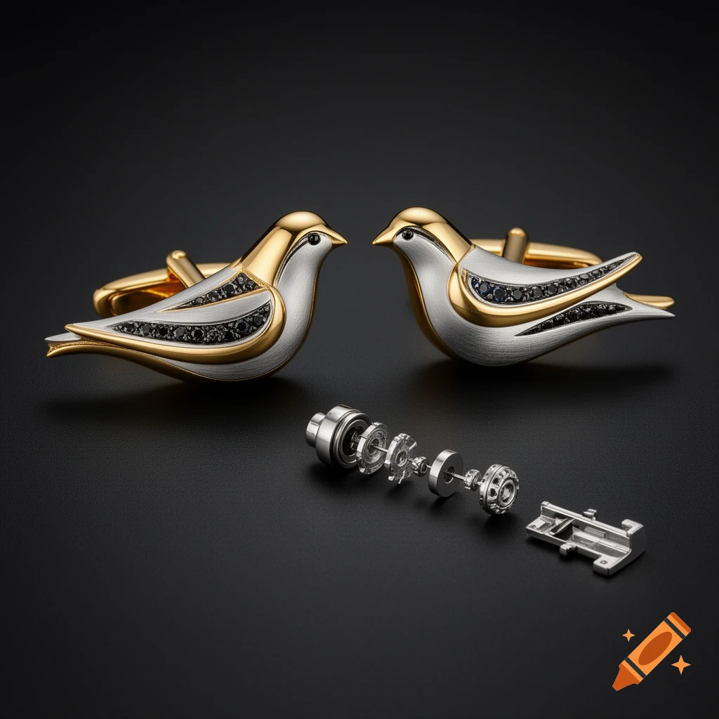 Two elegant gold and brushed white gold bird cufflinks with black diamonds, alongside their exploded mechanical parts, on a dark background.