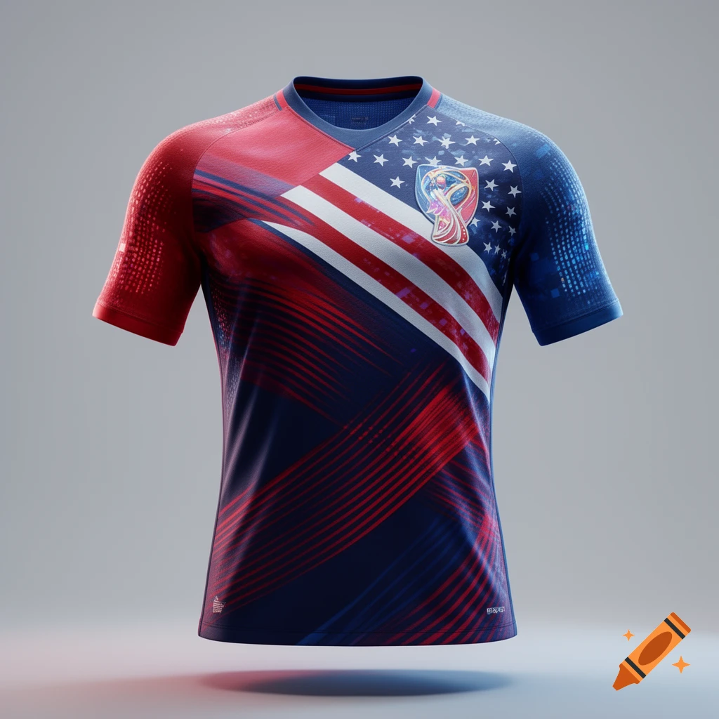 USA FIFA World Cup soccer jersey with a dynamic red, white, and blue design featuring stars, stripes, and an emblem.