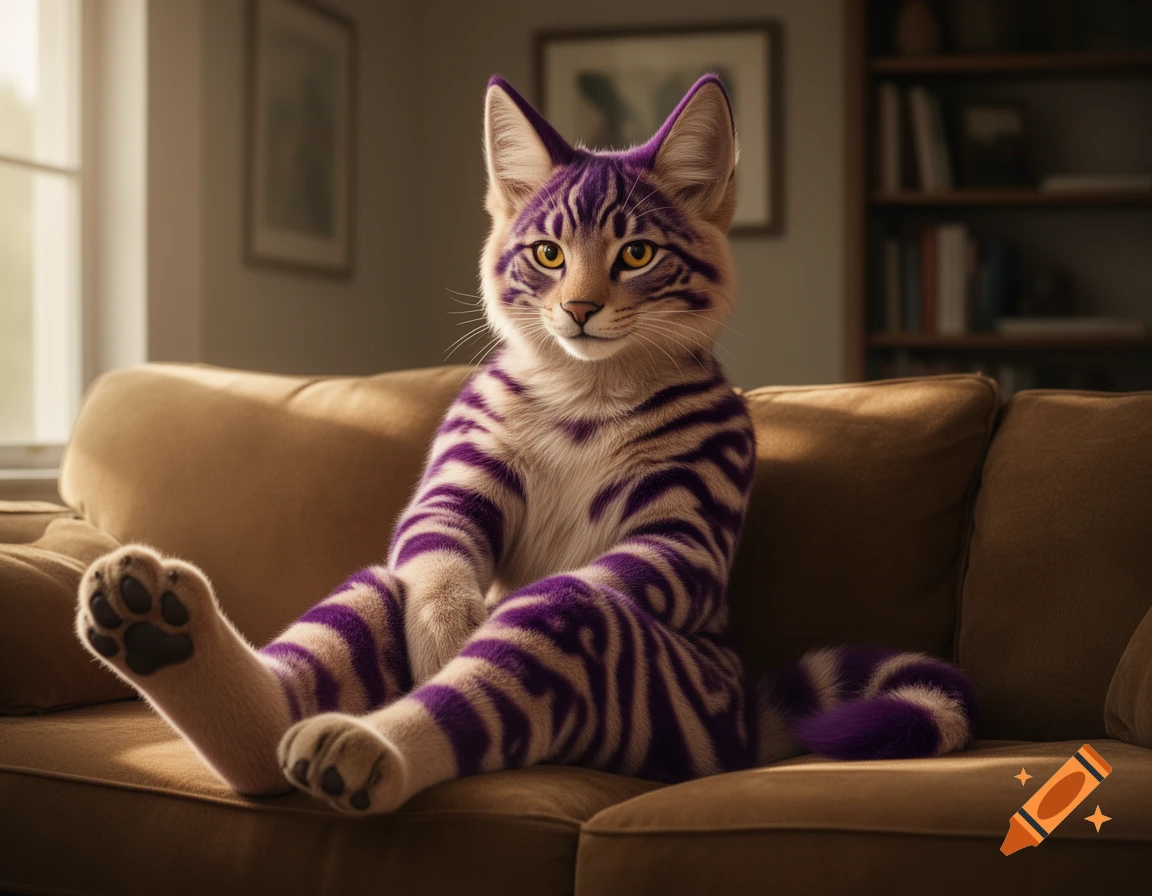 A photorealistic purple and white striped furry cat-like creature sits upright on a brown couch.