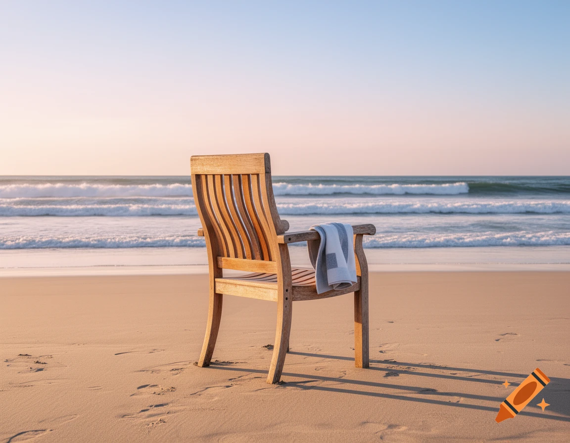 A wooden slatted chair with a white and blue towel draped over its arm sits on a sandy beach, facing the ocean with gentle waves under a clear sky.
