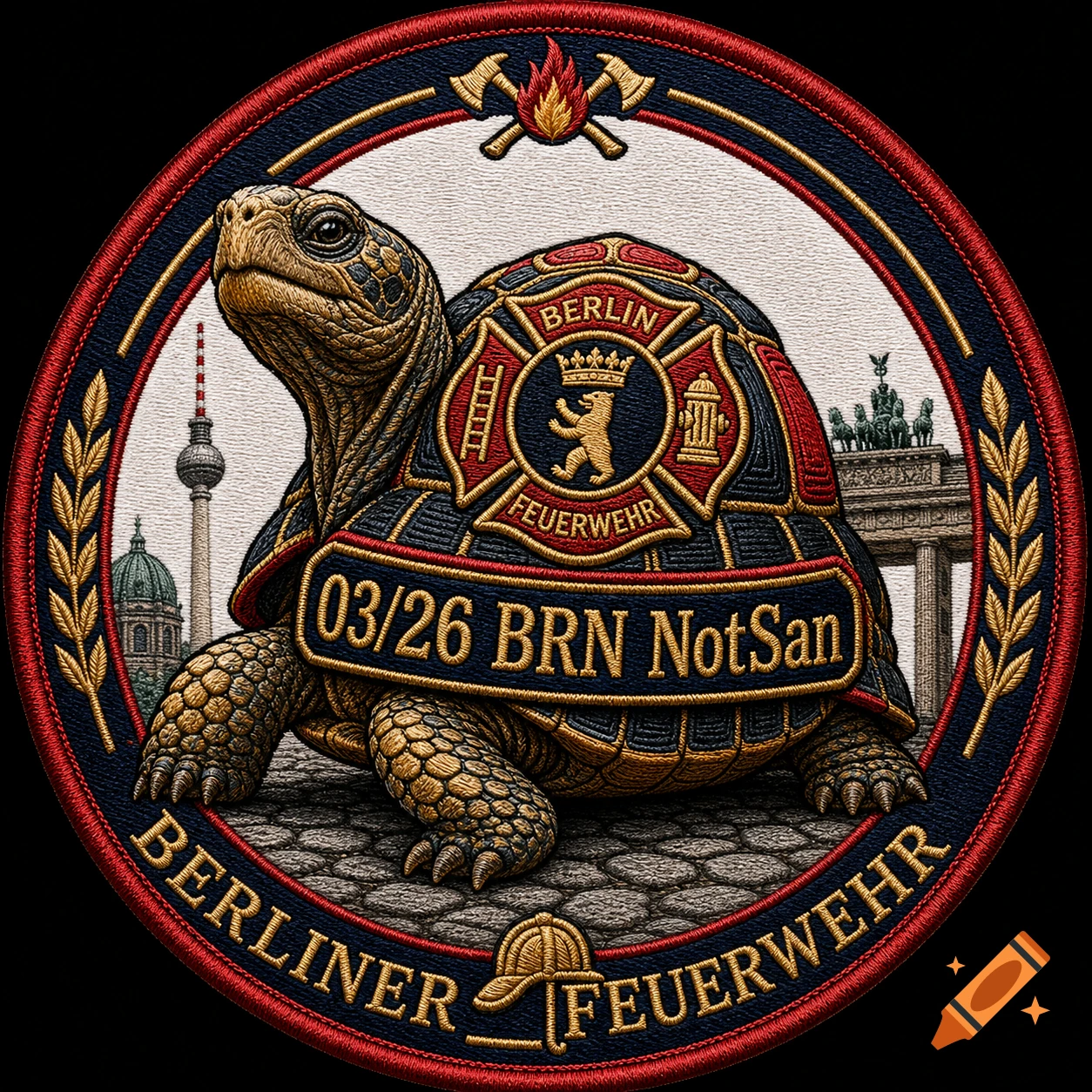 A detailed round embroidered patch features a turtle wearing a Berlin fire department logo on its shell, with Berlin landmarks in the background.