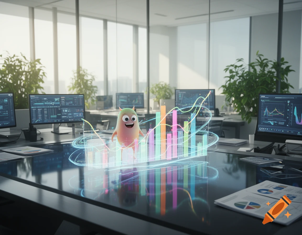 A cartoon flork-like character stands on a glowing table with holographic graphs in a modern office, surrounded by data-filled computer screens.