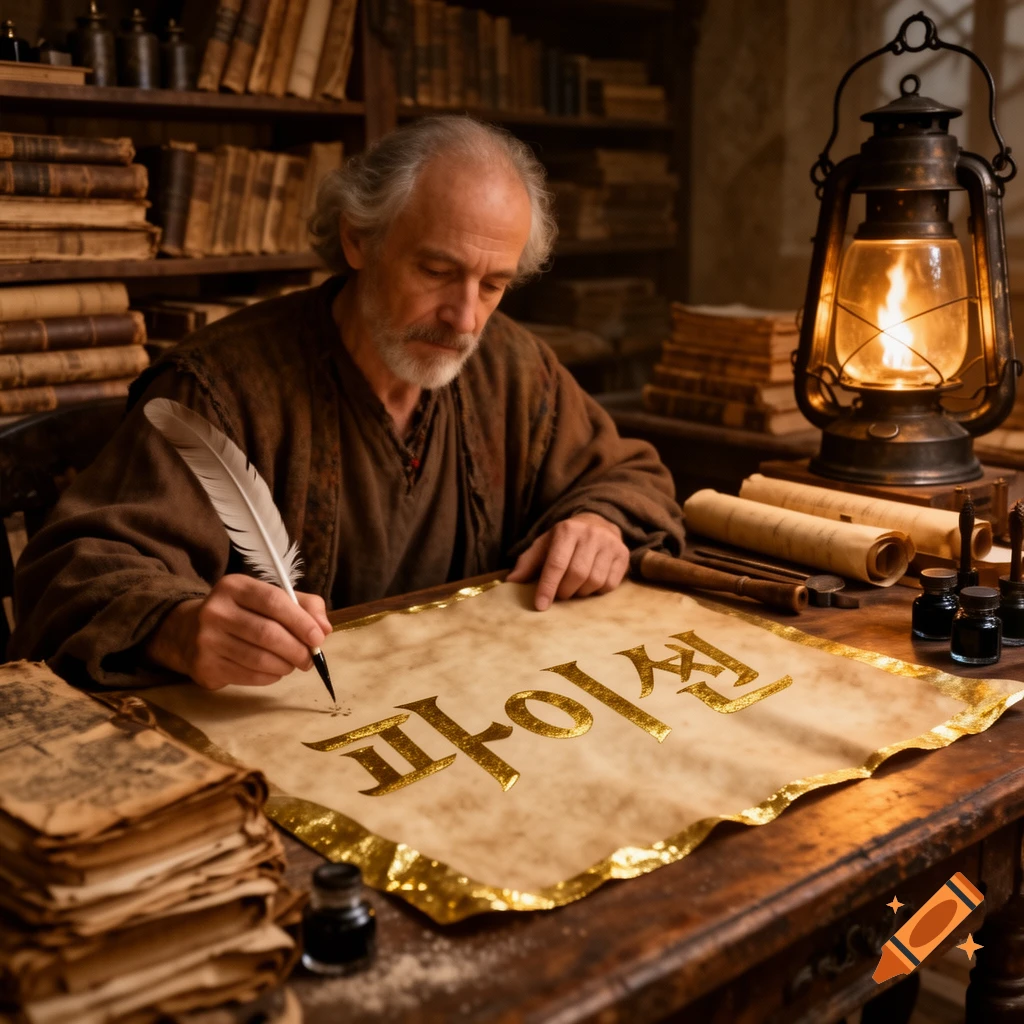 An old scholar with a beard writes in Korean on a scroll with a feather quill, surrounded by ancient books and an oil lamp in a dimly lit room.