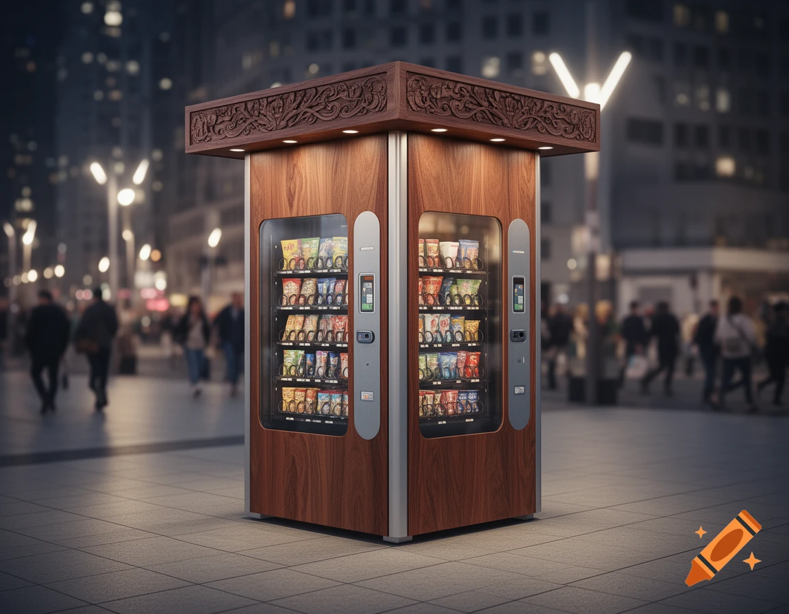 A modern wooden four-sided vending machine kiosk stands in a city square at night, with blurred figures and city lights.