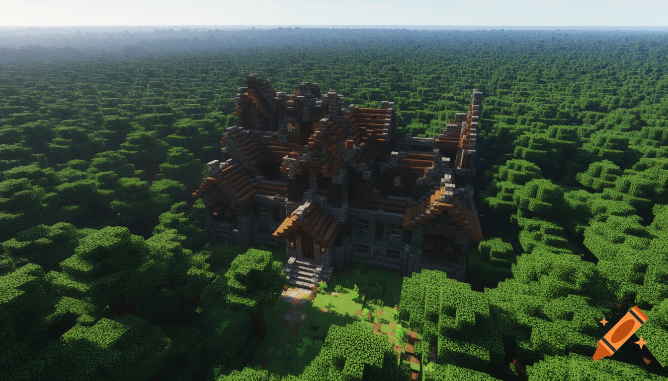 Aerial view of a realistic Minecraft mega woodland mansion surrounded by a dense dark oak forest.