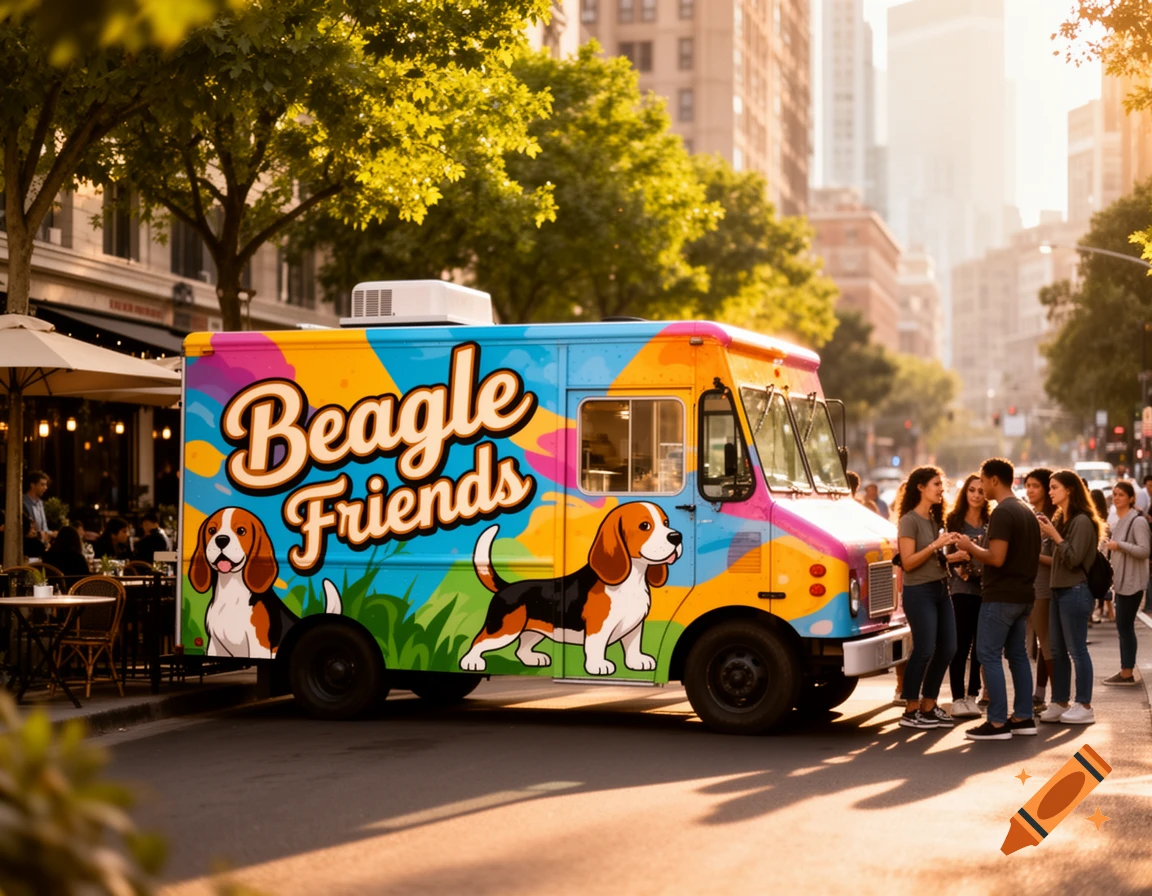 A colorful 'Beagle Friends' food truck with beagle illustrations on a sunny city street, with people gathered around it.