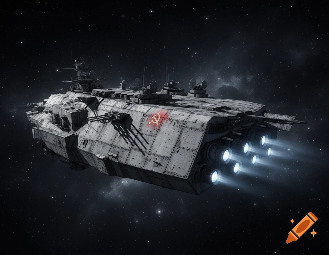 A massive, grey Soviet space battle cruiser with a hammer and sickle symbol, flying through a dark, star-filled cosmos with engines glowing brightly.
