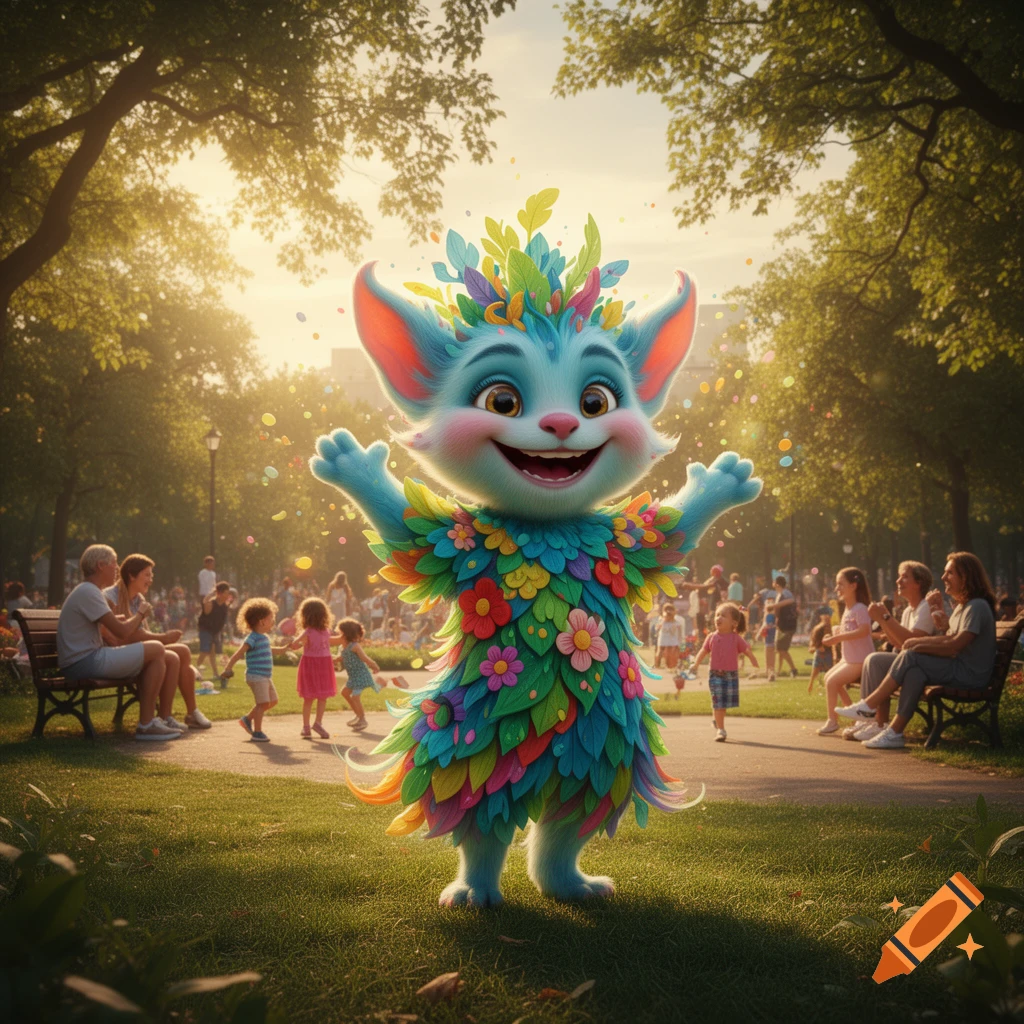A whimsical blue furry creature with large ears and a colorful leafy costume stands in a sunny park with people and falling confetti.