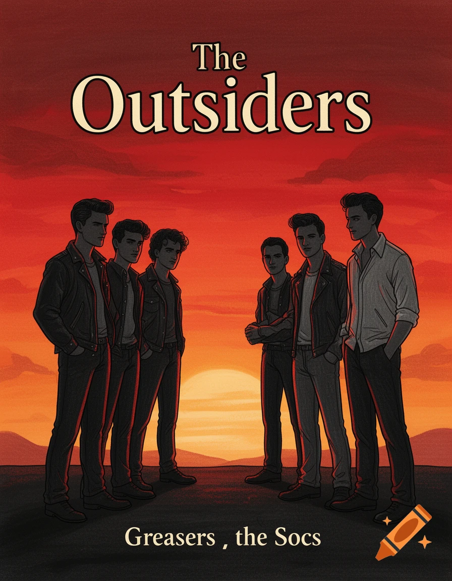 Illustrated book cover for The Outsiders, depicting two groups of young men in leather jackets and casual attire against a red and orange sunset.