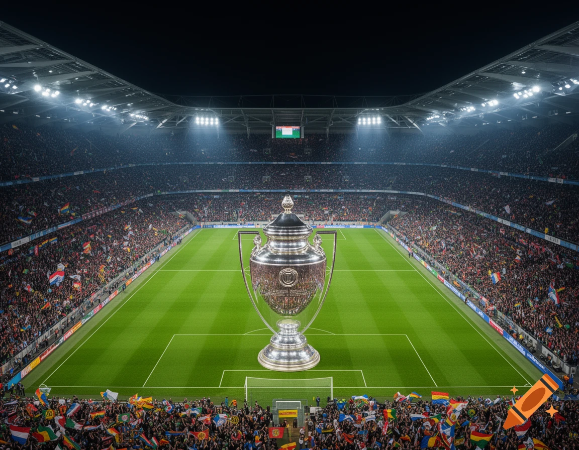 A large, photorealistic silver trophy stands on the green field of a packed, brightly lit football stadium at night.