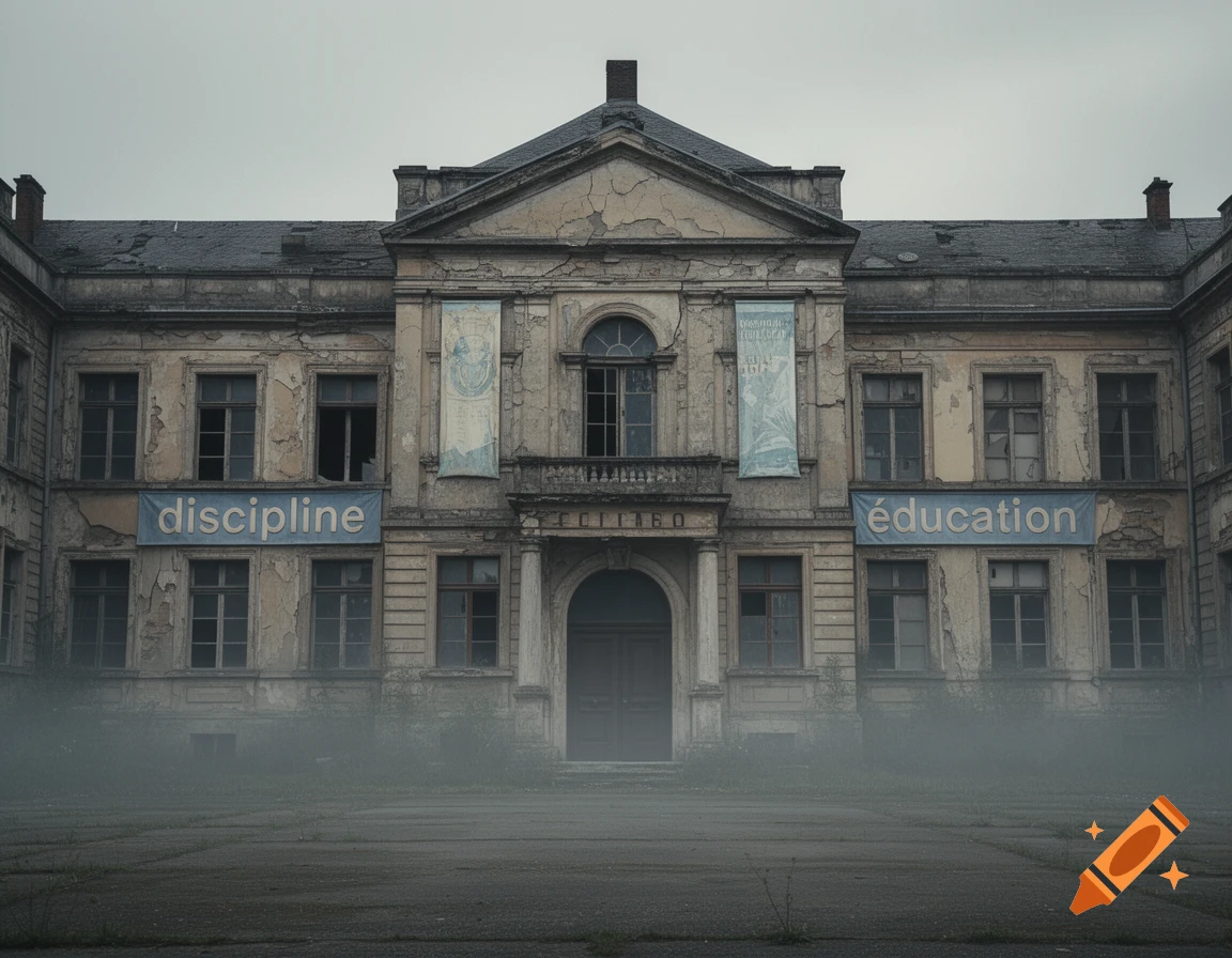 Photorealistic cinematic shot of a dilapidated, abandoned European-style school building with 'discipline' and 'éducation' banners, covered in mist.