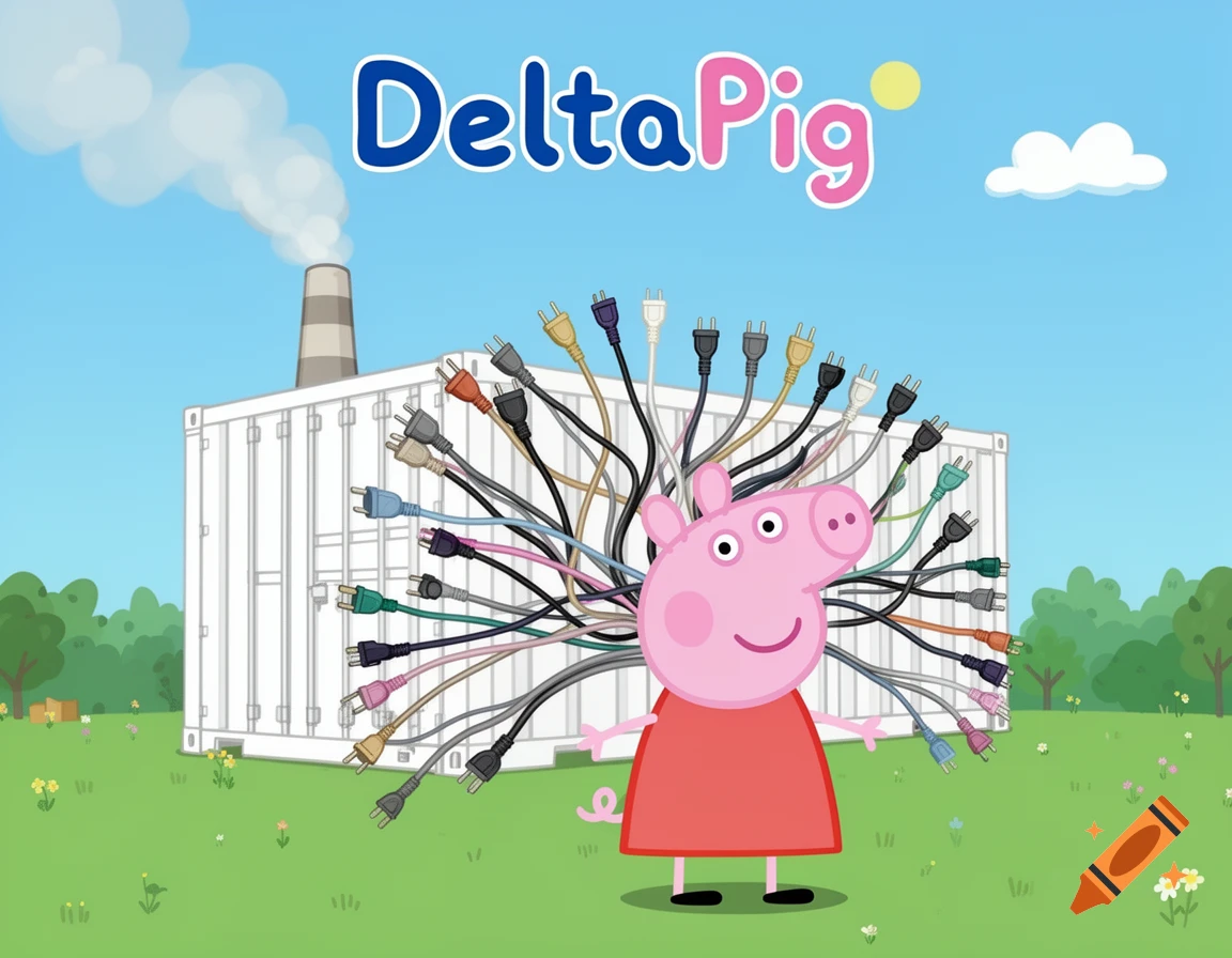 Cartoon Peppa Pig with many electrical plugs, standing in a field in front of a factory with a smokestack, under the title 'DeltaPig'.
