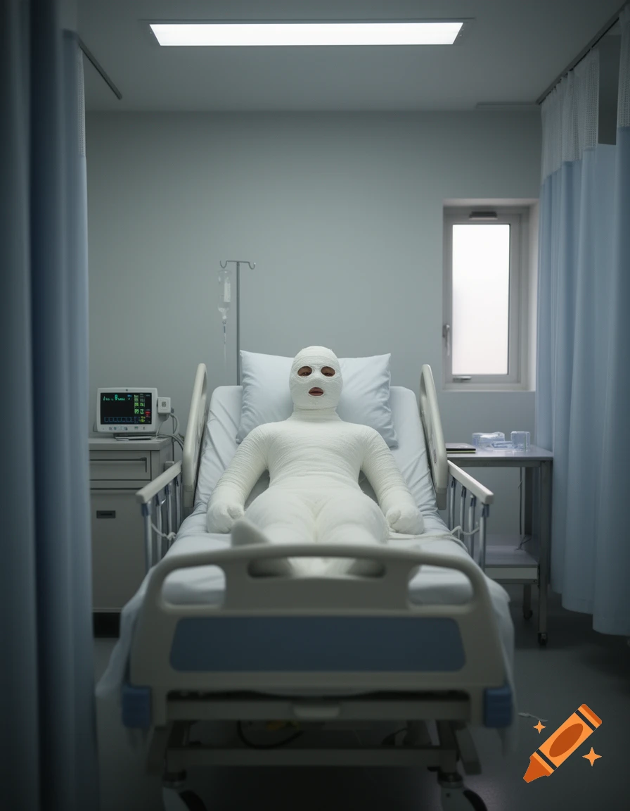 A person completely bandaged and wrapped in white gauze lies in a hospital bed in a dimly lit room, with a medical monitor nearby.