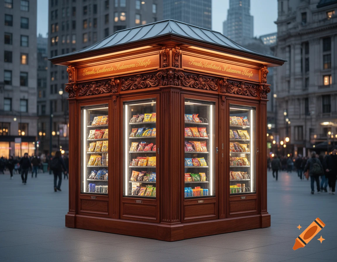 A decorative wooden vending machine kiosk filled with colorful snack packages stands in a bustling city square at dusk.