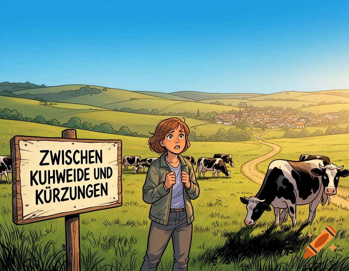 A comic illustration of a worried person in a field with cows, standing next to a sign that reads "Zwischen Kuhweide und Kürzungen." A village is in the background.