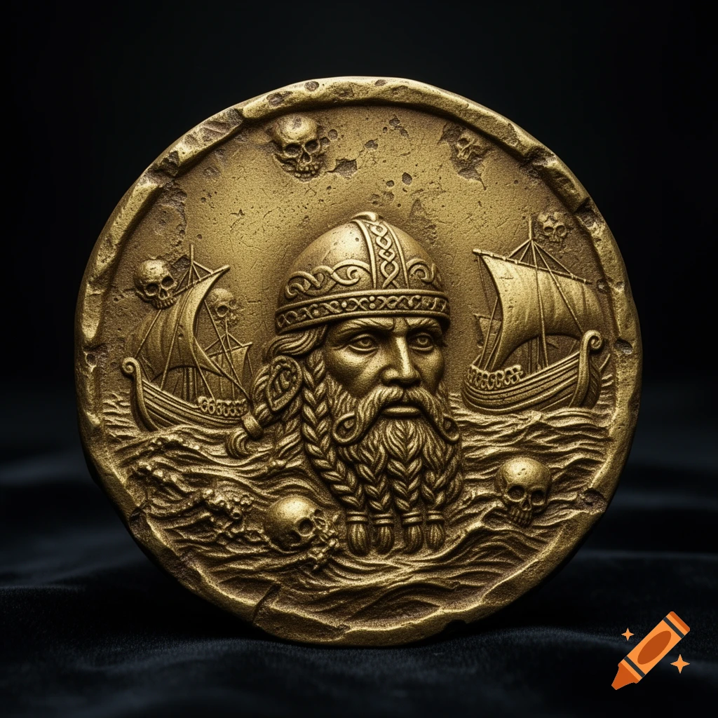A detailed bronze medallion depicting a bearded Viking in a helmet, surrounded by longships, waves, and skulls in relief.