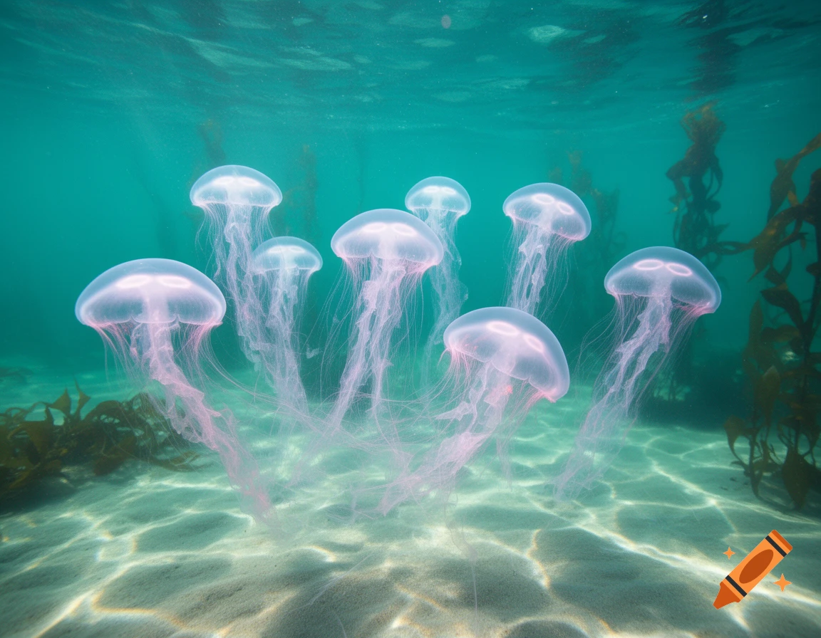 Multiple luminous pink jellyfish float in clear blue ocean water above a sandy bottom with dappled sunlight and kelp.