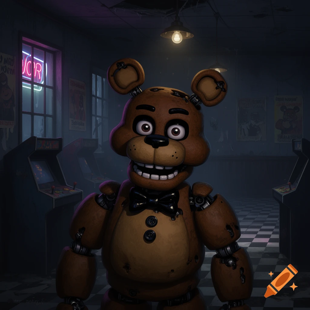 Freddy Fazbear, a brown animatronic bear, stands smiling in a dark, rundown arcade with glowing neon signs and arcade machines.