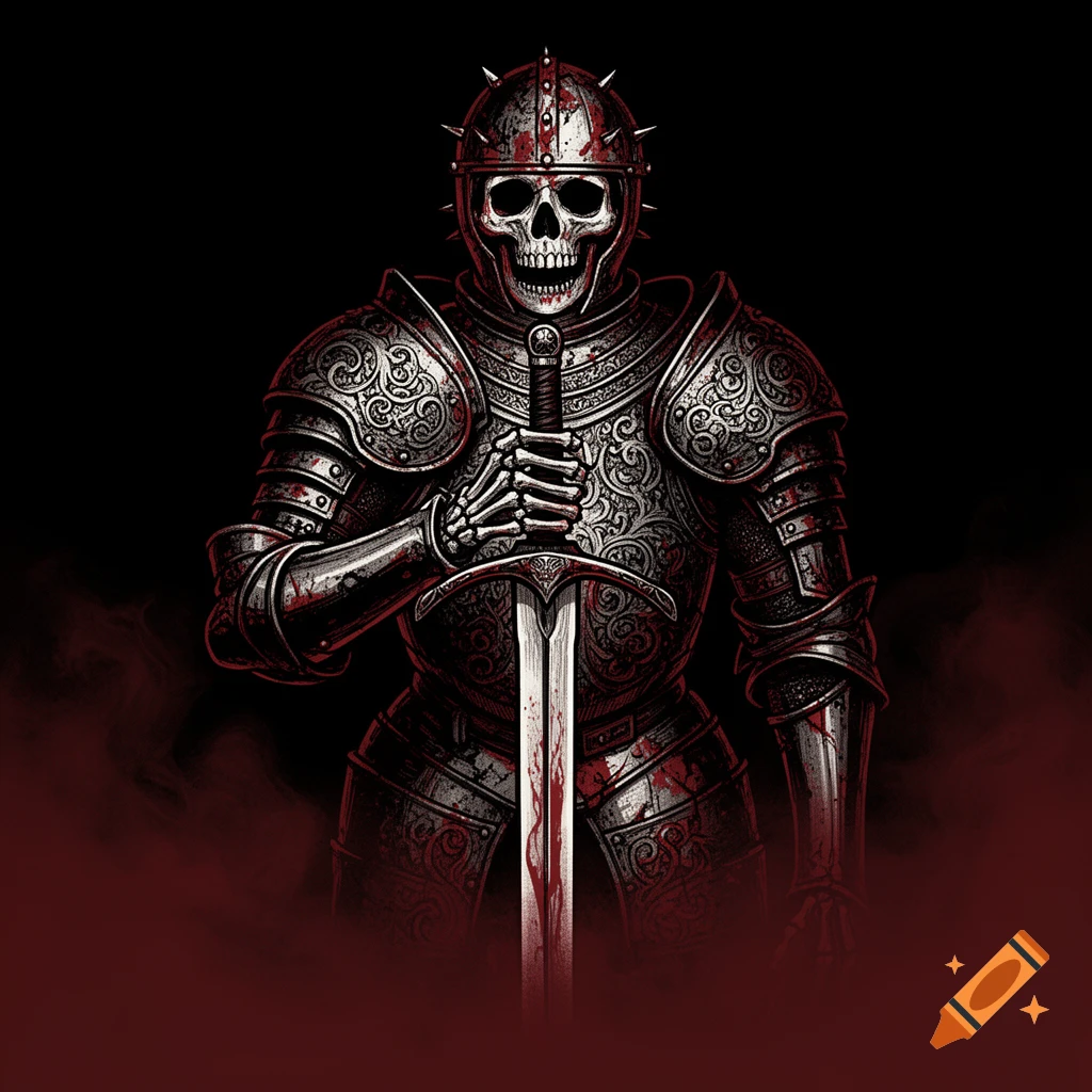 A dark, high-contrast woodcut style illustration of a skeleton knight in ornate, blood-stained armor, holding a sword.