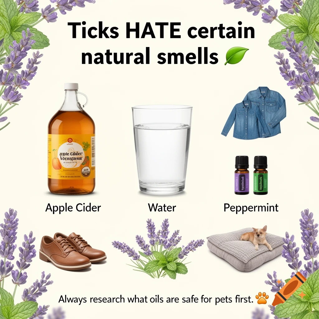 An informational graphic titled "Ticks HATE certain natural smells" shows apple cider vinegar, water, essential oil bottles, shoes, lavender, mint, and a dog on a bed.