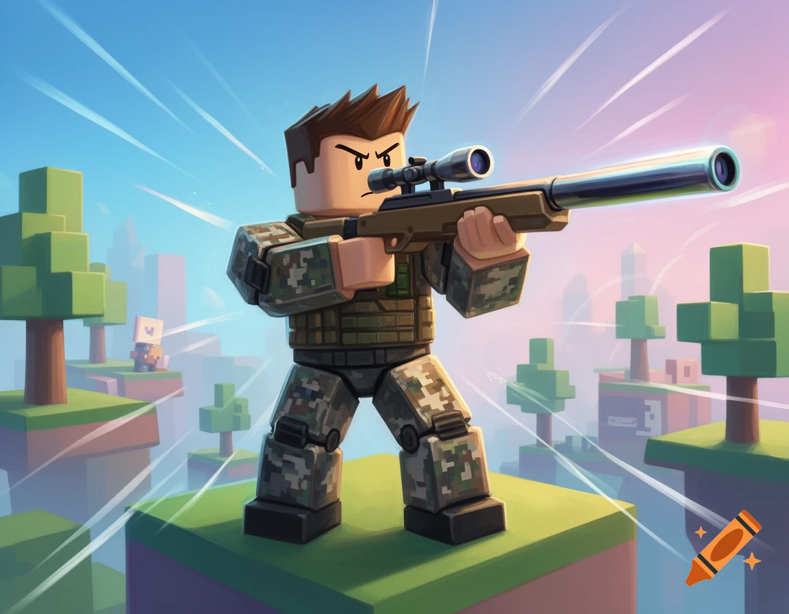 A blocky Roblox-style character in camouflage, holding a sniper rifle, stands on a floating island in a cartoonish sky.