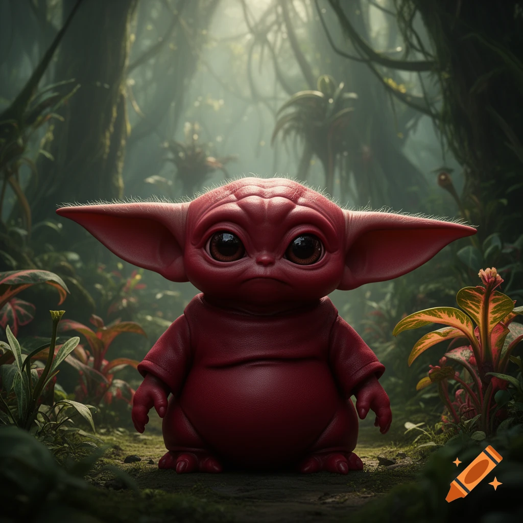 A cute, red, fat, baby Yoda-like creature with large eyes and ears sits in a lush, misty jungle with dense foliage.