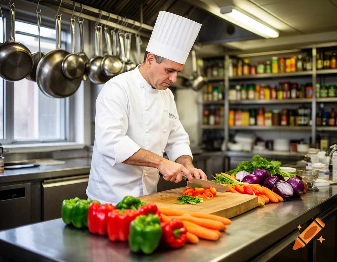 A male chef in a white uniform chops bell peppers and carrots on a cutting board in a professional kitchen.