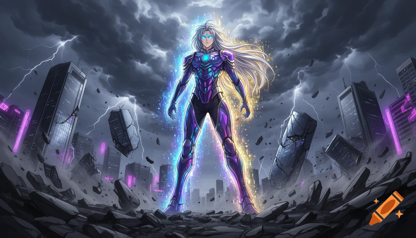 A powerful anime character with long white hair and glowing blue eyes, clad in purple armor, stands amidst a city being decimated by lightning and energy. Buildings crumble around them under a stormy sky.