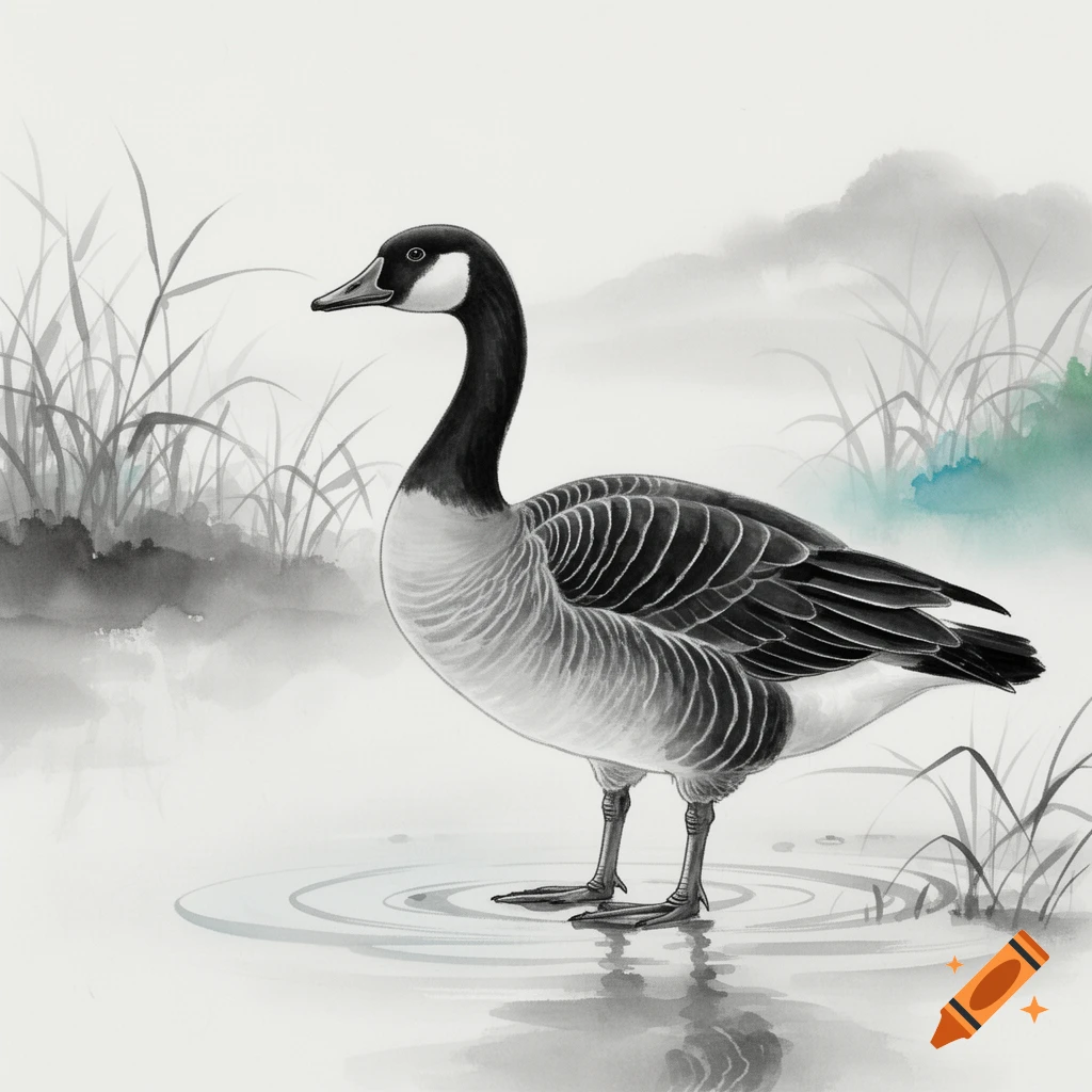 Ink wash painting of a Canada goose standing in water with reeds and misty hills in the background.