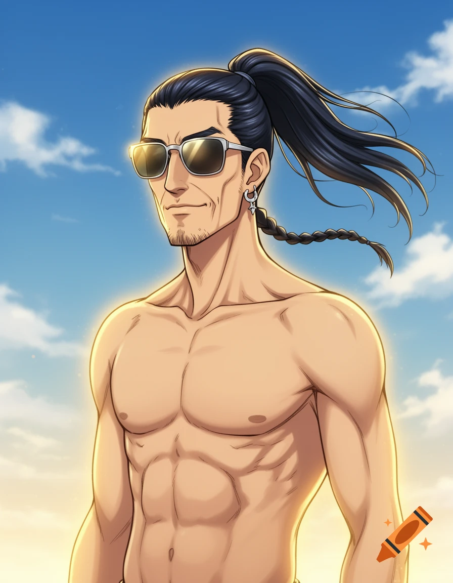 Anime style illustration of a muscular man with a ponytail, goatee, sunglasses, and an earring, standing shirtless against a blue sky.