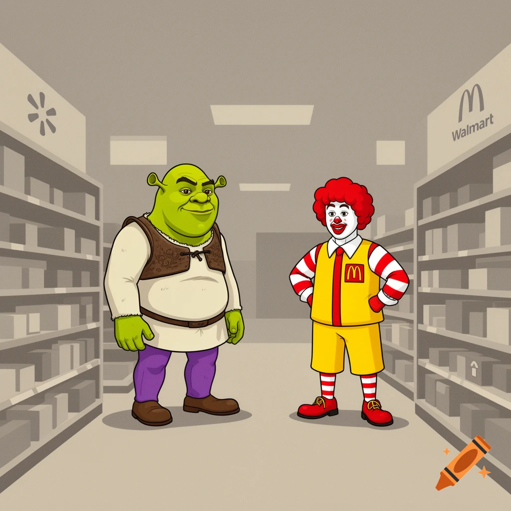 Cartoon of Shrek and Ronald McDonald standing in a Walmart store aisle, with product shelves and store logos.