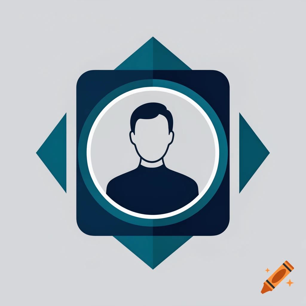 A silhouette icon of a person's head and shoulders in a light gray circle, set against a dark blue square with teal geometric shapes on a gray background.