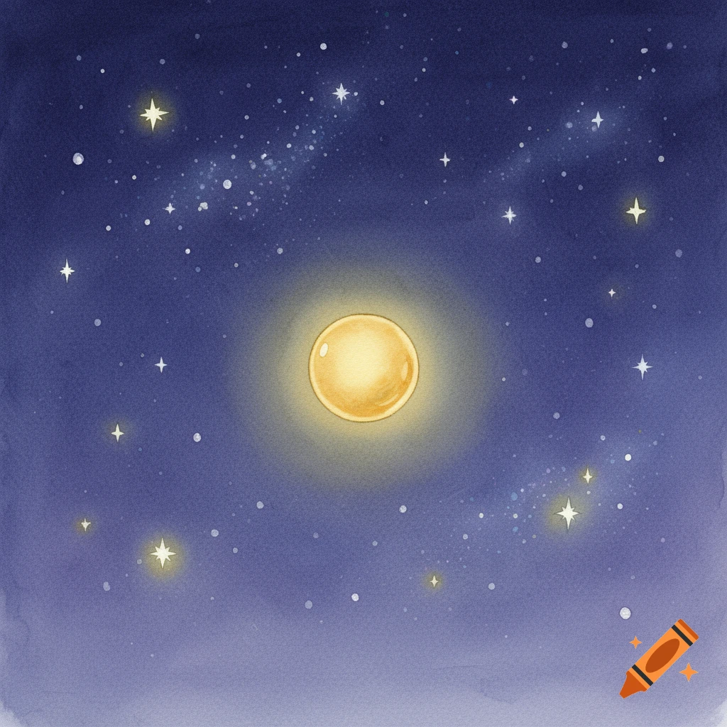 A dreamy watercolor illustration of a glowing golden orb in a dark starry sky, surrounded by sparkling stars.