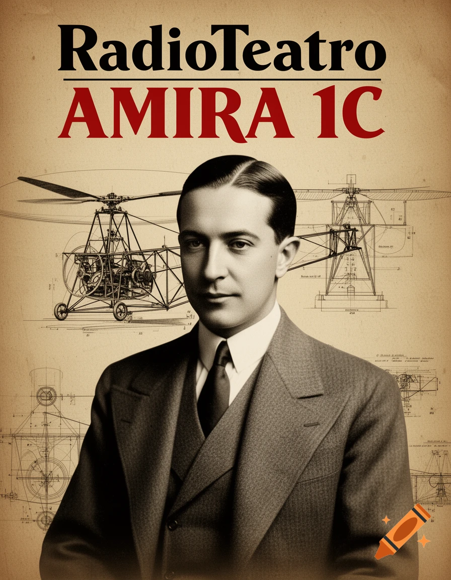 Vintage portrait of a man in a suit against a sepia background with helicopter blueprints and "RadioTeatro AMIRA 1C" text.