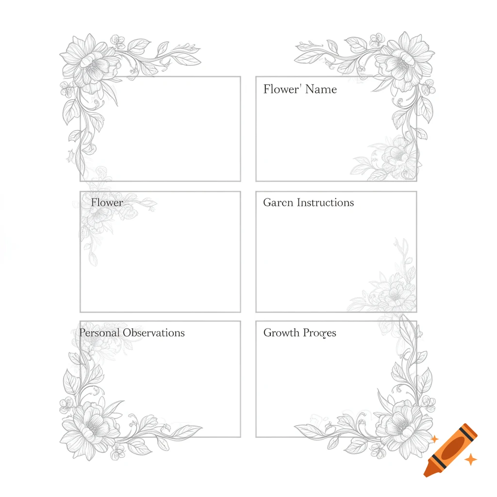A flower profile template with six labeled boxes, accented by gray floral line art, on a white background.