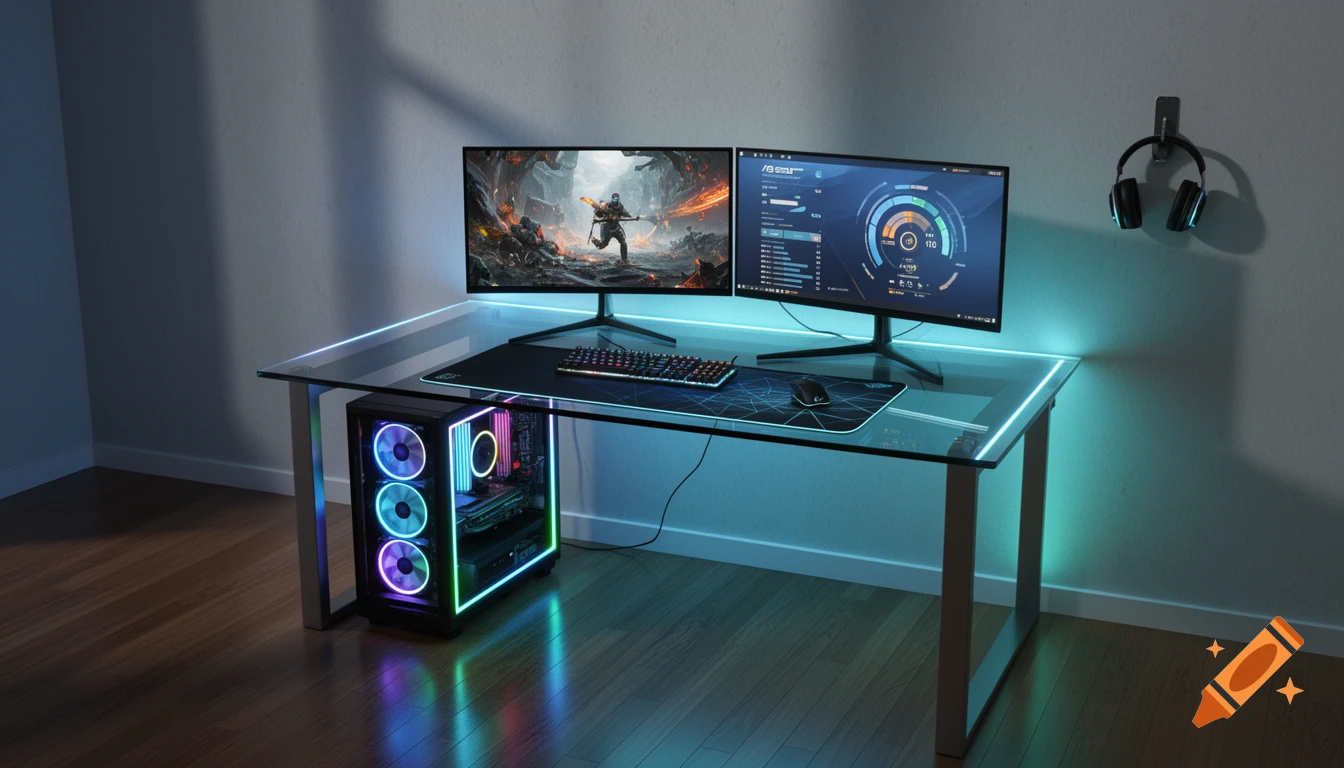Photorealistic gaming setup with a glass desk, two monitors, RGB-lit PC, and headphones hanging on a wall.