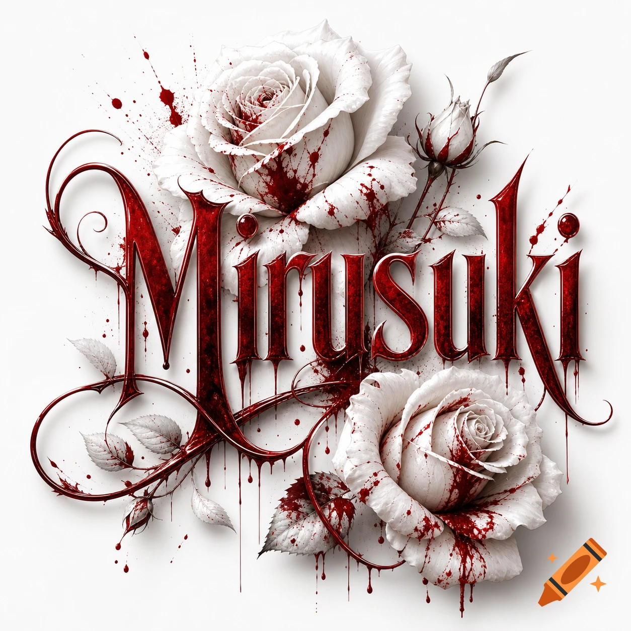 Stylized 'Mirusuki' logo in bloody red, intertwined with white roses splattered with red, on a white background.